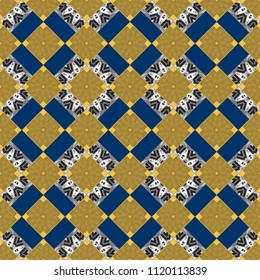 Embroidery seamless pattern with abstract diagonal tiles. Vector ornament in beige, blue and gray colors. Embroidery for fashion textile and fabric.