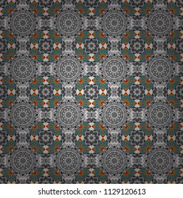 Embroidery seamless pattern with abstract diagonal tiles. Vector ornament in gray, blue and brown colors. Embroidery for fashion textile and fabric.
