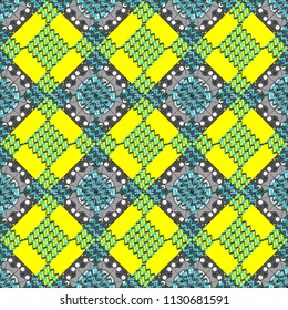 Embroidery seamless pattern with abstract diagonal tiles. Vector ornament in green, yellow and gray colors. Embroidery for fashion textile and fabric.