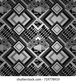 Embroidery seamless pattern with abstract diagonal tiles. Vector ornament in black, gray and white colors. Embroidery for fashion textile and fabric.
