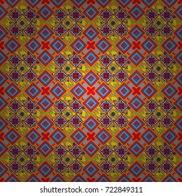 Embroidery seamless pattern with abstract diagonal tiles. Vector ornament in orange, blue and red colors. Embroidery for fashion textile and fabric.