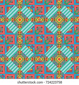 Embroidery seamless pattern with abstract diagonal tiles. Vector ornament in blue, pink and green colors. Embroidery for fashion textile and fabric.