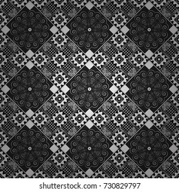 Embroidery seamless pattern with abstract diagonal tiles. Vector ornament in gray, black and white colors. Embroidery for fashion textile and fabric.