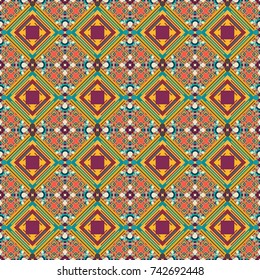 Embroidery seamless pattern with abstract diagonal tiles. Vector ornament in orange, yellow and blue colors. Embroidery for fashion textile and fabric.