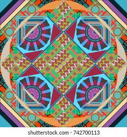 Embroidery seamless pattern with abstract diagonal tiles. Vector ornament in blue, red and green colors. Embroidery for fashion textile and fabric.