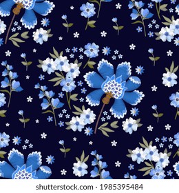 Embroidery seamless pattern with beautiful blue flowers. Floral print for fabric. Vector embroidered illustration.