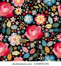 Embroidery seamless pattern with beautiful colorful flowers. Floral print with spanish motives. Manton shawl. Fashion design. Vector embroidered illustration.