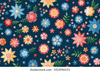 Embroidery seamless pattern with beautiful colorful flowers. Floral print in country style. Vector design.