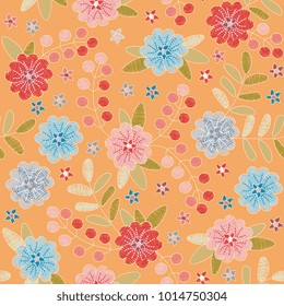 Embroidery seamless pattern with beautiful flowers.  Bright summer fashion design. Vector illustration.