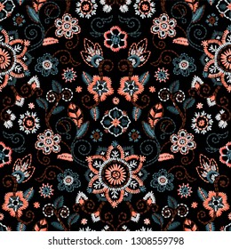 Embroidery seamless pattern with beautiful flowers. Vector floral ornament on dark background. Embroidery for fashion textile and fabric.