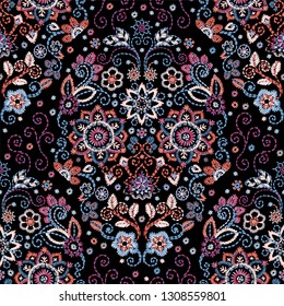 Embroidery seamless pattern with beautiful flowers. Vector floral ornament on dark background. Embroidery for fashion textile and fabric. Muertos Dead Day Fashion design decoration print.