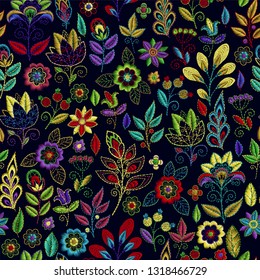Embroidery seamless pattern with beautiful flowers. Vector handmade floral ornament on dark background. Embroidery for fashion products. Elegant tiled design, best for print fabric or papper and more.