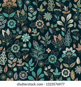 El bordado es un patrón impecable con bellas flores. Vector adorno floral hecho a mano sobre fondo oscuro. Bordado para productos de moda. Elegante diseño de baldosas, mejor para tejidos impresos o papel y más.