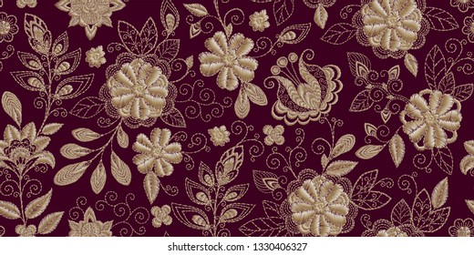 Embroidery seamless pattern with beautiful flowers. Vector handmade floral ornament on dark background. Embroidery for fashion products. Elegant tiled design, best for print fabric or papper and more.