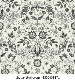 Embroidery seamless pattern with beautiful flowers. Vector handmade floral ornament on dark background. Embroidery for fashion products. Elegant tiled design, best for print fabric or papper and more.