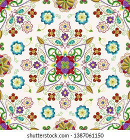 Embroidery seamless pattern with beautiful flowers. Vector handmade floral ornament on dark background. Embroidery for fashion products. Elegant tiled design, best for print fabric or papper and more.