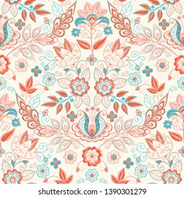 Embroidery seamless pattern with beautiful flowers. Vector floral ornament on dark background. Embroidery for fashion products. Elegant tiled design, best for print fabric or papper and more.