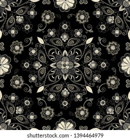Embroidery seamless pattern with beautiful flowers. Vector floral ornament on dark background. Embroidery for fashion products. Elegant tiled design, best for print fabric or papper and more.