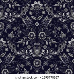 Embroidery seamless pattern with beautiful flowers. Vector handmade floral ornament on dark background. Embroidery for fashion products. Elegant tiled design, best for print fabric or papper and more.