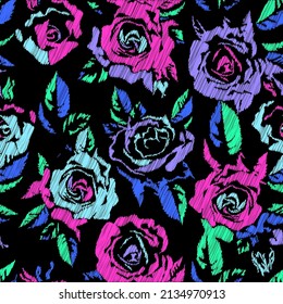 Embroidery seamless pattern with beautiful flowers. Vector floral ornament on black background. Neon colorful roses. 