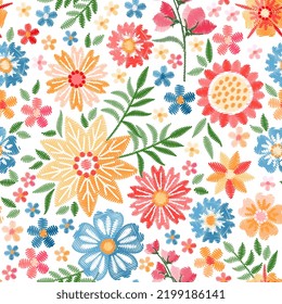 Embroidery seamless pattern with beautiful flowers. Colorful floral ornament. Fashion design. Vector embroidered illustration.