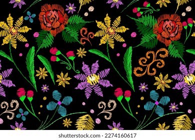 Embroidery seamless pattern with beautiful flowers. Vector floral ornament on black background. Embroidery design for printing business.