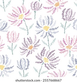 Embroidery seamless pattern with beautiful flowers. Flower background in stitch style. Floral tile ornamental texture with flowers and leafs on white background.