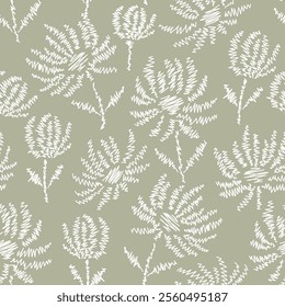 Embroidery seamless pattern with beautiful flowers. Flower background in stitch style. Floral tile ornamental texture with flowers and leafs on green background.