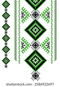 Embroidery seamless pattern with beautiful flowers. Embroidery for fashion products. Isolated neckline embroidery design for digital print on fabric. Green geometry neckline.