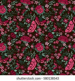 Embroidery seamless pattern with beautiful flowers. Vector floral ornament on black background. Embroidery for fashion textile and fabric.