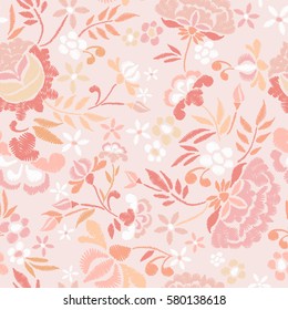 Embroidery seamless pattern with beautiful flowers. Vector floral ornament on pink background. Embroidery for fashion textile and fabric.