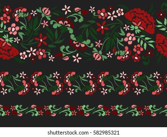 Embroidery seamless pattern with beautiful flowers. Vector floral ornament on black background. Ethnic stripe pattern, border set, ornament for fashion textile and fabric. 