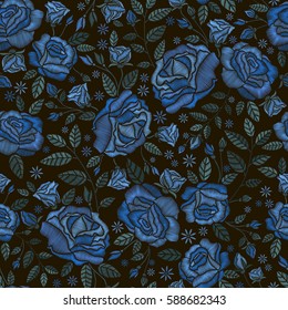 Embroidery seamless pattern with beautiful flowers. Vector roses embroidery on black background.  Embroidery for fashion textile and fabric.