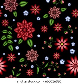 Embroidery seamless pattern with beautiful flowers. Vector floral ornament on black background. Embroidery for fashion textile and fabric.