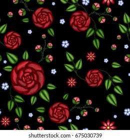 Embroidery seamless pattern with beautiful flowers. Vector floral ornament on black background. Embroidery for fashion textile and fabric.