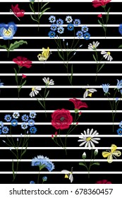 Embroidery seamless pattern with beautiful flowers. Vector floral ornament on striped background. Embroidery for fashion textile and fabric.