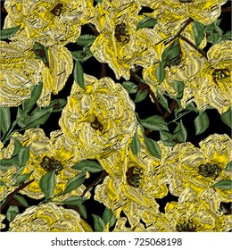 Embroidery seamless pattern with beautiful flowers. Vector floral ornament on black background. Embroidery for fashion textile and fabric.