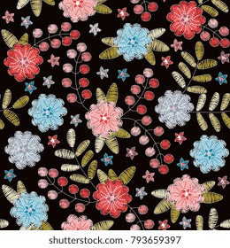 Embroidery seamless pattern with beautiful flowers. Spring or summer fashion design. Vector illustration. 
