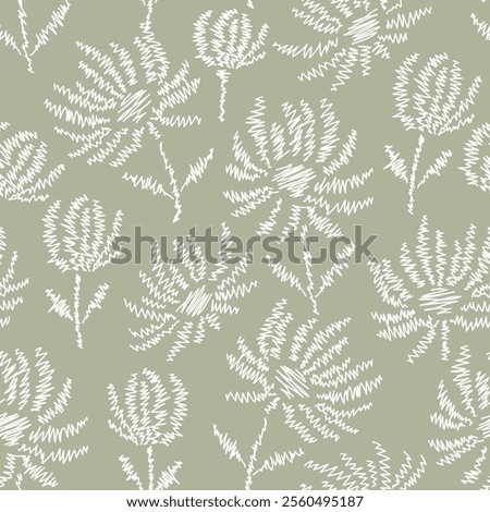Embroidery seamless pattern with beautiful flowers. Flower background in stitch style. Floral tile ornamental texture with flowers and leafs on green background.