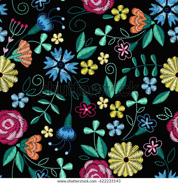 Embroidery Seamless Pattern Beautiful Flowers Vector Stock Vector ...