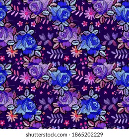 Embroidery seamless pattern with beautiful ornament from flowers. Fashion design for fabric, textile, wrapping paper. Vector illustration.