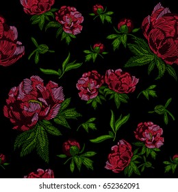 Embroidery seamless pattern with beautiful peony flowers. Floral ornament on black background. Embroidery for fashion textile and fabric. Vector Illustration