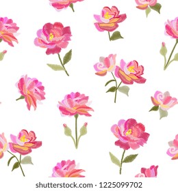 Embroidery seamless pattern with beautiful pink rose flowers isolated on white background. Summer print. Fashion design. Vector embroidered illustration.