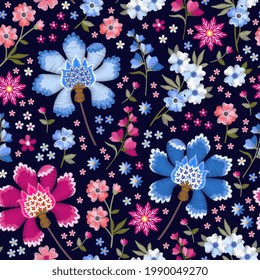 Embroidery seamless pattern with beautiful pink and blue flowers. Fantasy floral design. Textile print.