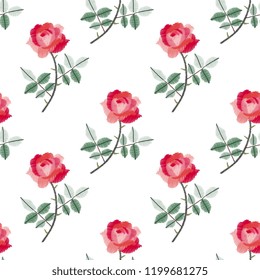 Embroidery seamless pattern with beautiful red roses on white background. Fashion print with flowers. Vector illustration.