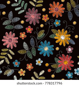Embroidery seamless pattern. Beautiful summer flowers and leaves on black background. Vector illustration. Fashion design.