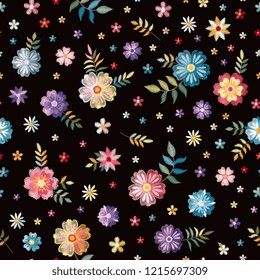 Embroidery seamless pattern with beautiful wild flowers on black background. Summer print. Fashion design. Vector embroidered illustration.
