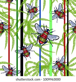 Embroidery seamless pattern with bees and tropical leaves. Vector embroidered patch elements for fashion design.