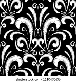 Embroidery seamless pattern. Black and white tapestry ornamental vector background. Ethnic grunge paisley flowers, shapes. Textured fabric pattern. Hand drawn patterned embroidered abstract ornaments.