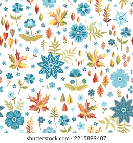 Embroidery seamless pattern with blue flowers and colorful autumn leaves on white background